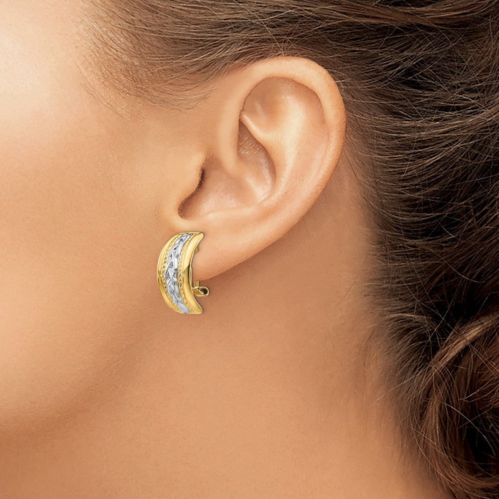 14k Yellow Gold Polished & Rhodium Omega Back Hoop Earrings