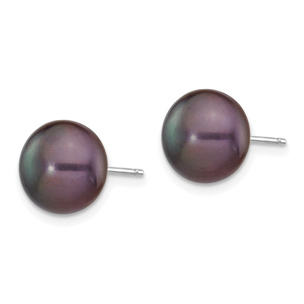 14k White Gold 9-10mm Black Button Freshwater Cultured Pearl Stud Earrings