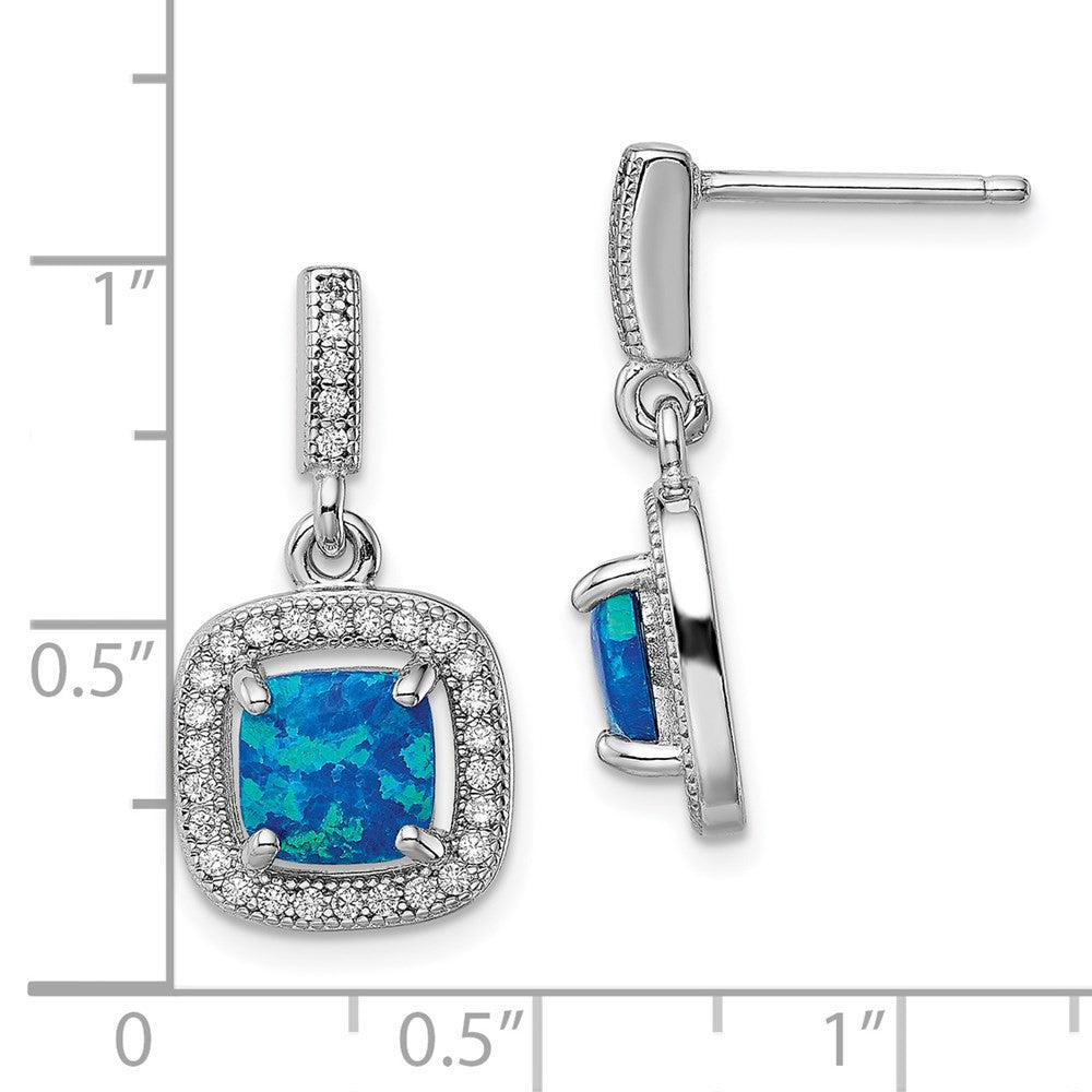 Sterling Silver Rhodium-plated Blue Created Opal CZ Dangle Earrings