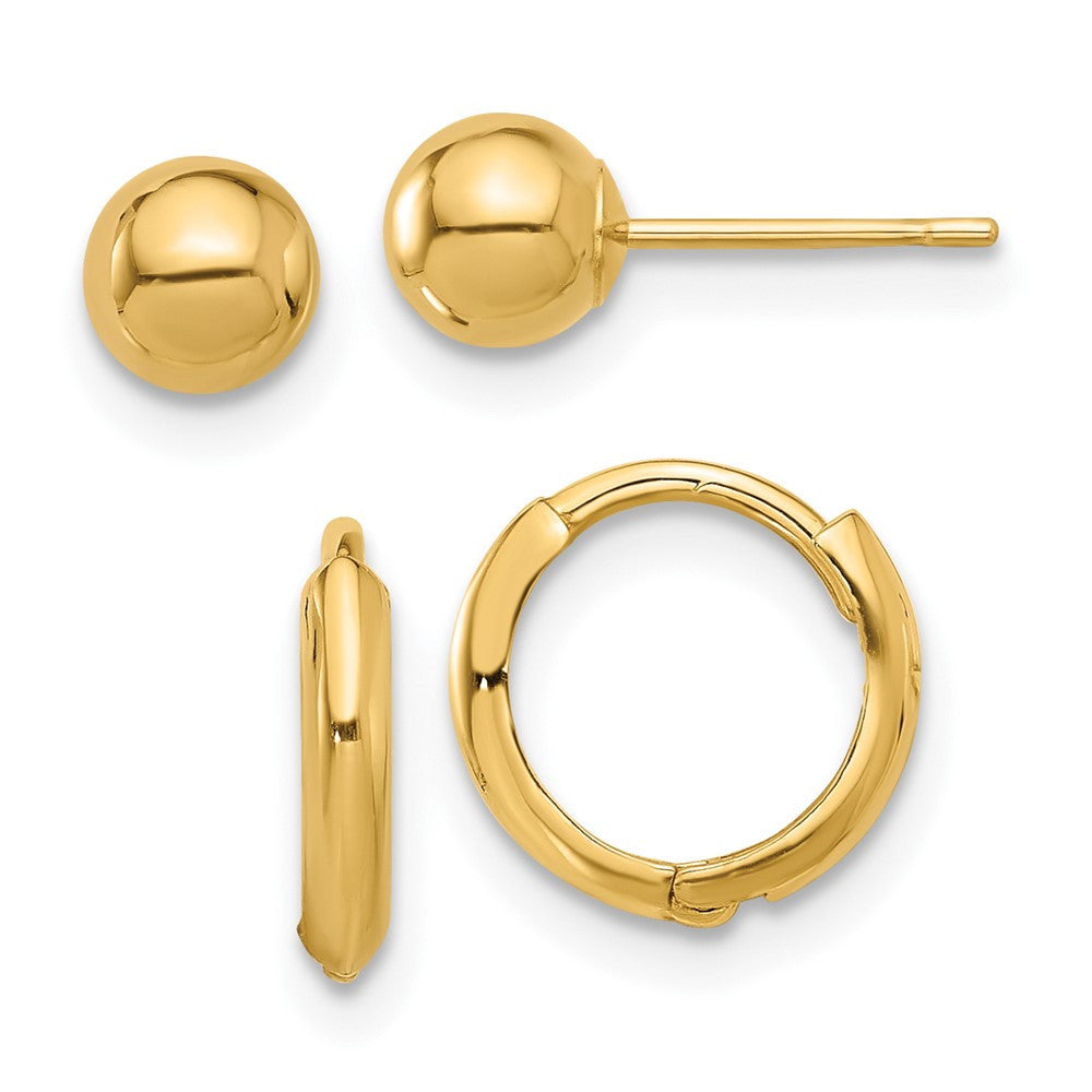 14k Yellow Gold Polished 5mm Ball and Hinged Hoop Stud Earring Set
