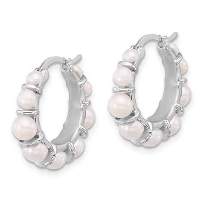 Sterling Silver Rhodium-plated Button Freshwater Cultured Pearl Hoop Earrings