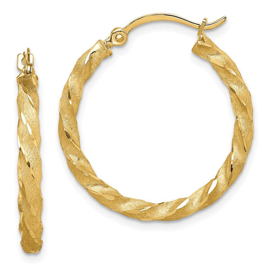 14k Yellow Gold Twisted Satin Diamond-Cut Hoop Earrings