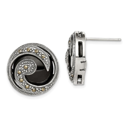 Sterling Silver Antiqued Onyx & Marcasite Round Wave Button Stud Earrings