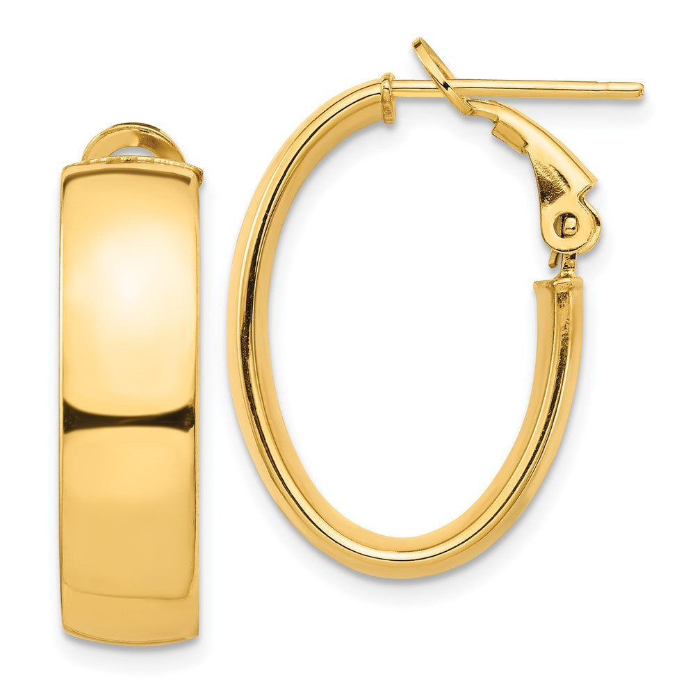 14k Yellow Gold High Polished 7mm Omega Back Oval Hoop Earrings