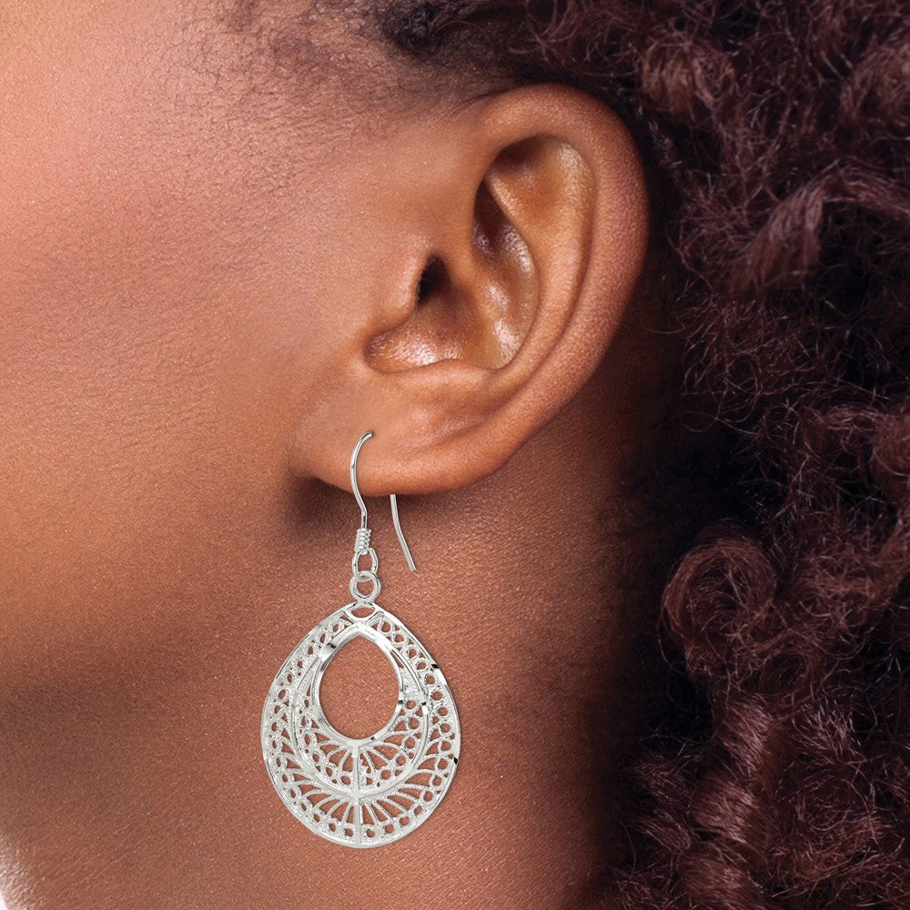 Sterling Silver Polished Textured D/C Filigree Tear Dangle Earrings