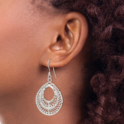 Sterling Silver Polished Textured D/C Filigree Tear Dangle Earrings