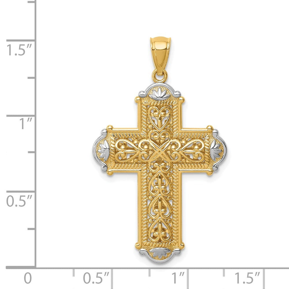 14k Yellow Gold White Rhodium Diamond-Cut Reversible Cross Pendant