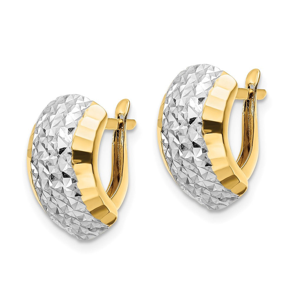 14k Yellow Gold w/ White Rhodium Diamond-cut Hinged Hoop Earrings
