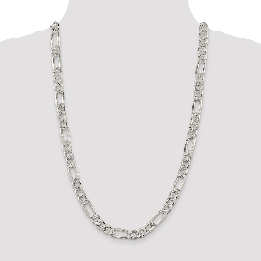 Sterling Silver 9.5mm Pav� Flat Figaro Chain Necklace 26"