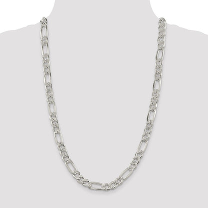 Sterling Silver 9.5mm Pav� Flat Figaro Chain Necklace 26"