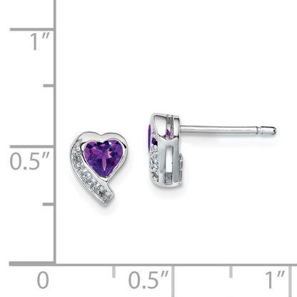 Sterling Silver Rhodium-plated Amethyst and Diamond Heart Button Stud Earrings