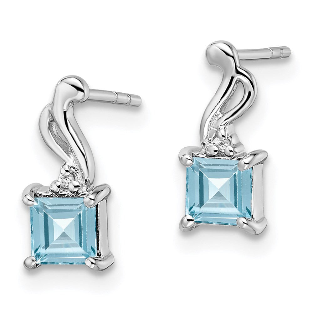 Sterling Silver Rhodium Plated Diamond and Blue Topaz Square Dangle Earrings