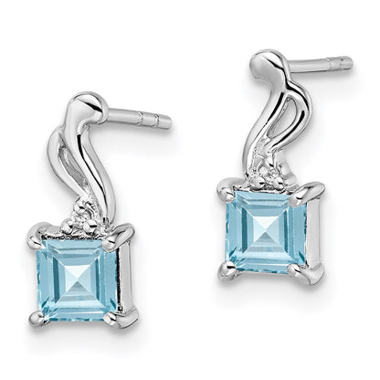Sterling Silver Rhodium Plated Diamond and Blue Topaz Square Dangle Earrings