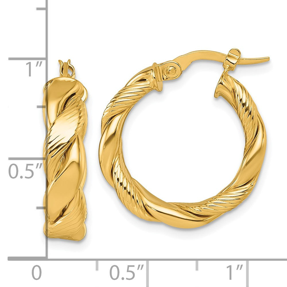 14k Yellow Gold Polished and Textured Twisted Hoop Earrings