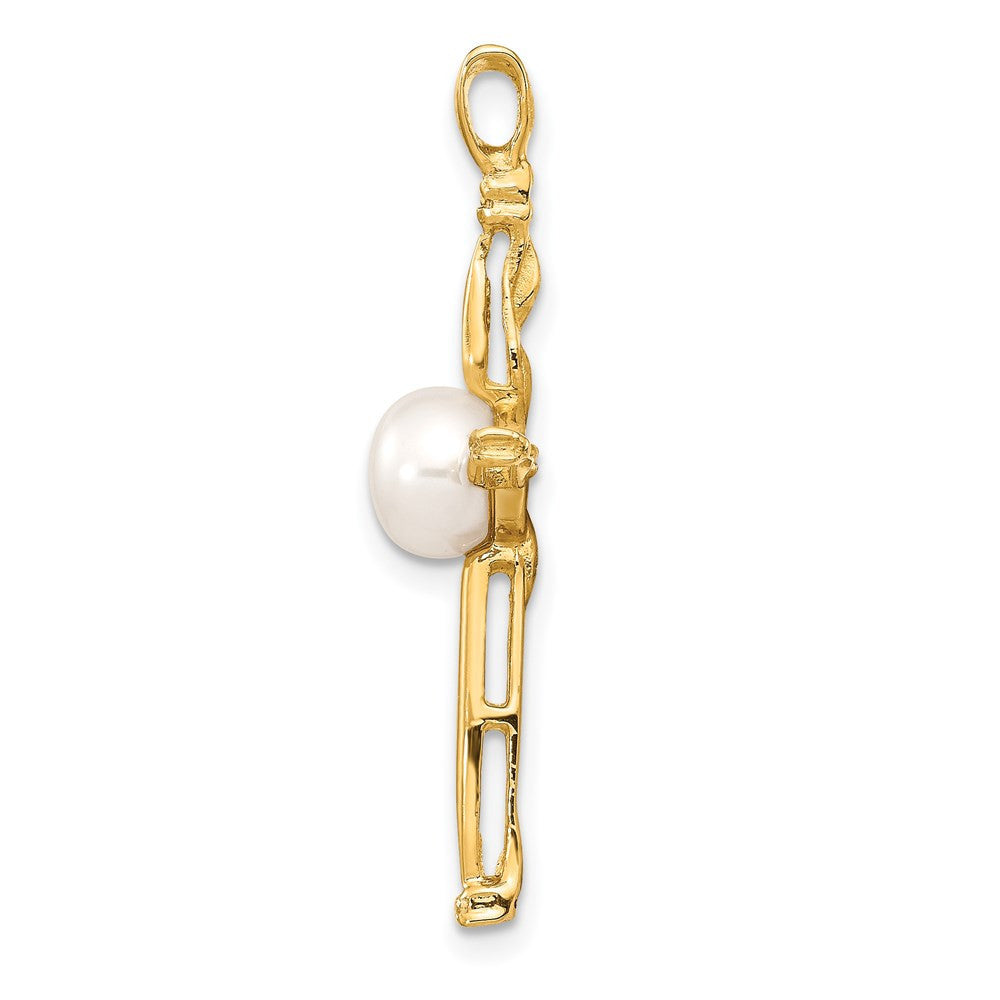 14k Yellow Gold 7mm Freshwater Cultured Pearl & .02 Ct Diamond Cross Pendant