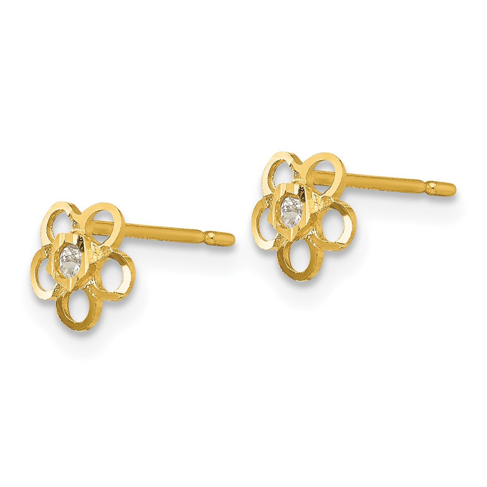 14k Yellow Gold CZ D/C Children's Flower Button Stud Earrings