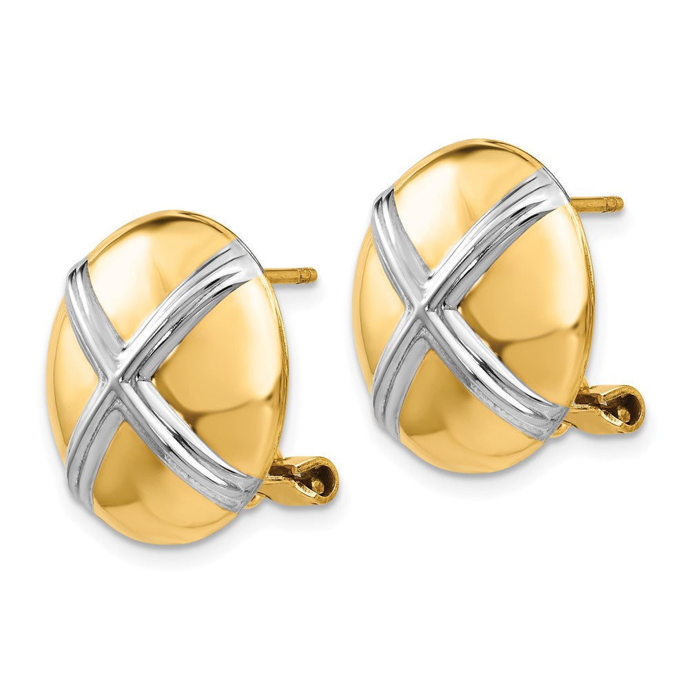 14k Yellow Gold Polished & Rhodium X Omega Back Stud Earrings