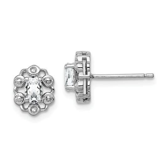 Sterling Silver Rhodium-plated White Topaz & Diam. Button Stud Earrings