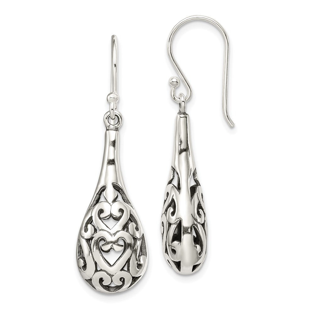 Sterling Silver Polished & Antiqued Filigree Heart Tear Dangle Earrings