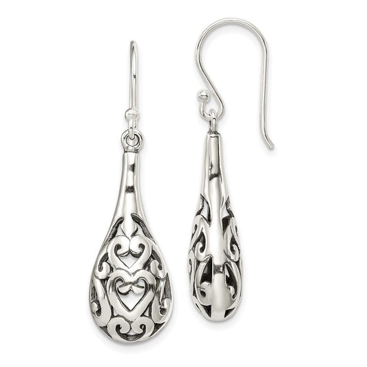 Sterling Silver Polished & Antiqued Filigree Heart Tear Dangle Earrings