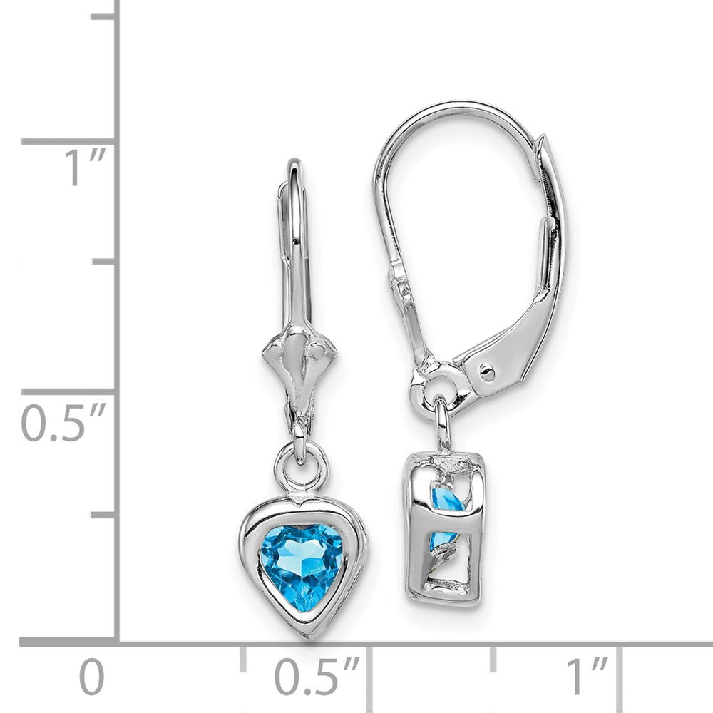 Sterling Silver Rhodium Plated 5mm Heart Blue Topaz Leverback Dangle Earrings