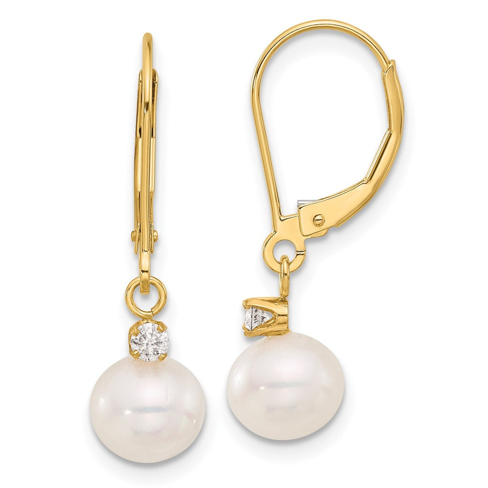 14k Yellow Gold 7-8mm Freshwater Cultured Pearl & Diamond Dangle Earrings
