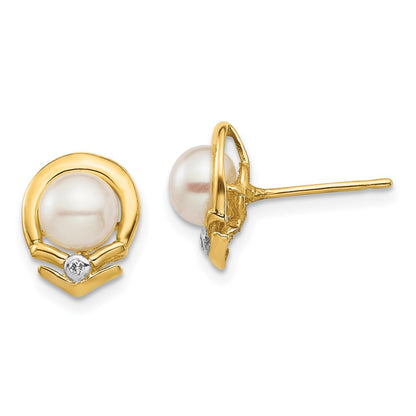 14k Yellow Gold 5-6mm Button Freshwater Cultured Pearl & Diamond Stud Earrings