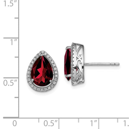 Sterling Silver Rhodium Polished Garnet & CZ Button Stud Earrings