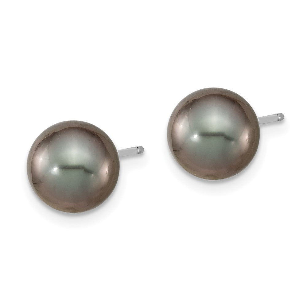 14k White Gold 8-9mm Black Round Tahitian Saltwater Cultured Pearl Stud Earrings