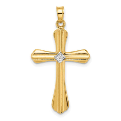 14k Yellow Gold Polished and Grooved Hollow Diamond Cross Pendant
