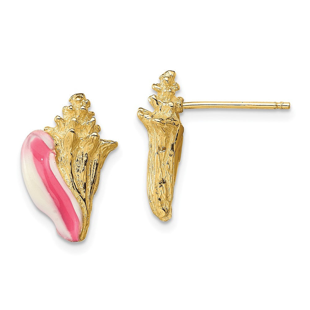 14k Yellow Gold White and Pink Enamel Conch Shell Stud Earrings
