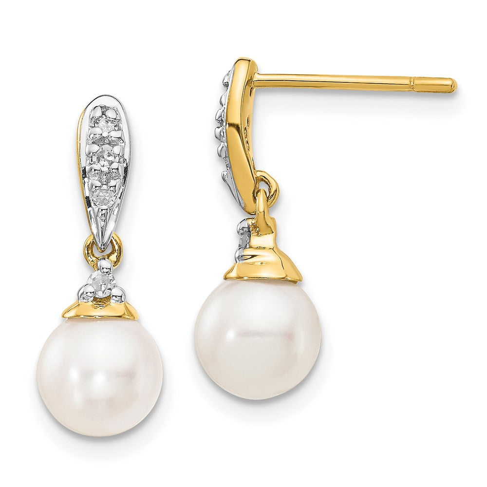 14k Yellow Gold 6-7mm White Round FWC Pearl .08ct Diamond Dangle Earrings