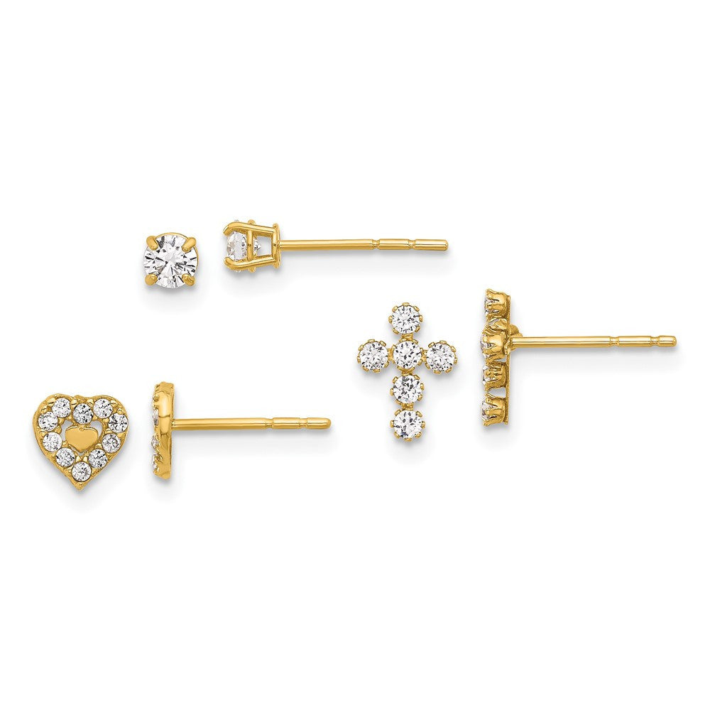 14k Yellow Gold Polished CZ Cross Heart and Earring Set