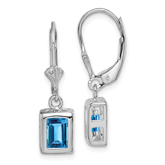 Sterling Silver RH Plated 7x5 Emerald Cut Blue Topaz Leverback Dangle Earrings