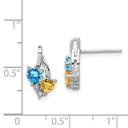 Sterling Silver Rhodium-plated Blue Topaz and Citrine Diamond Dangle Earrings