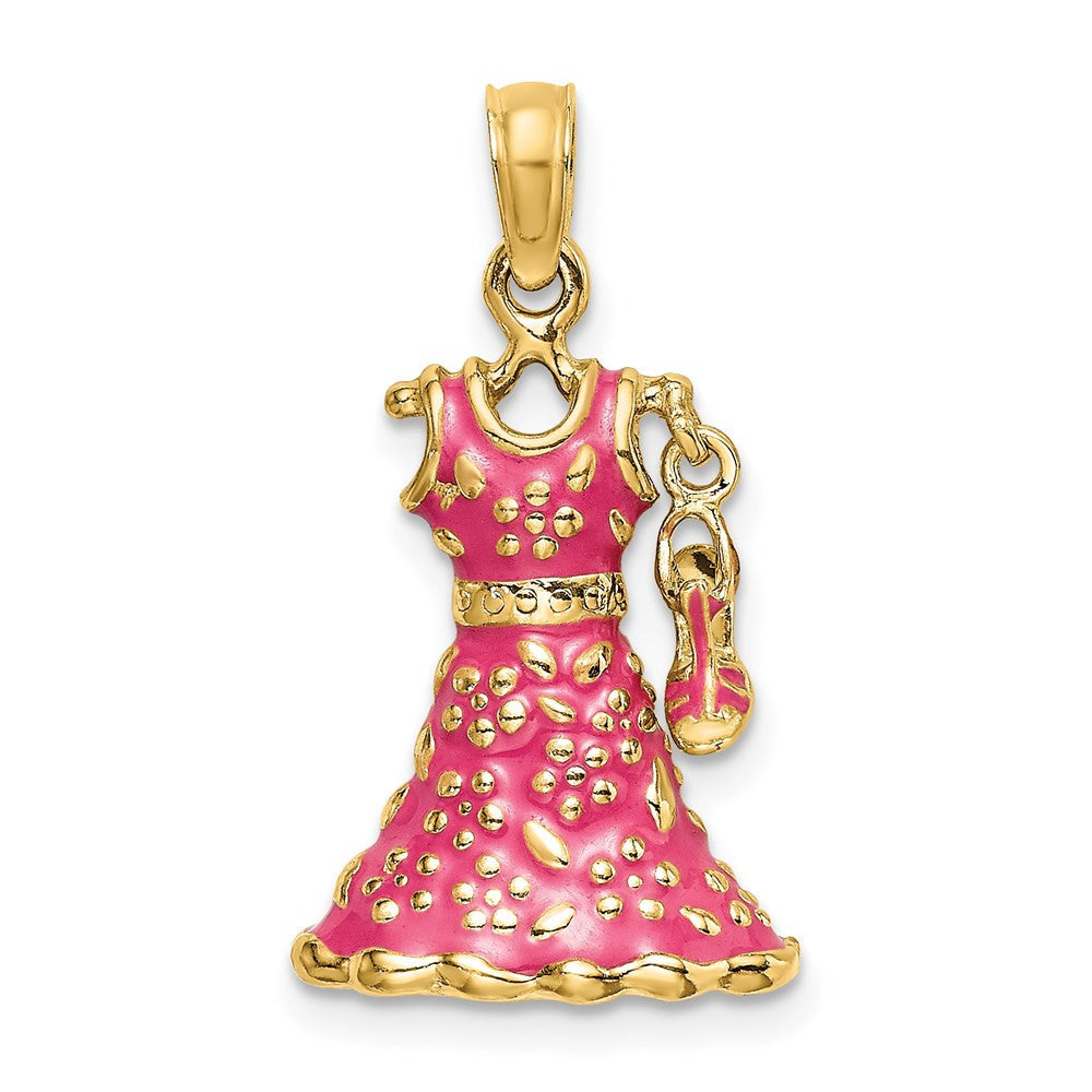 14k Yellow Gold 3-D Moveable Enamel Pink Floral Dress Shoe Charm Pendant