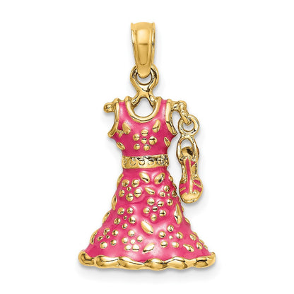 14k Yellow Gold 3-D Moveable Enamel Pink Floral Dress Shoe Charm Pendant