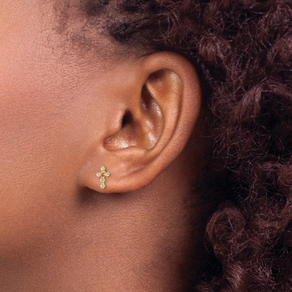 14k Yellow Gold CZ Children's Cross Button Stud Earrings