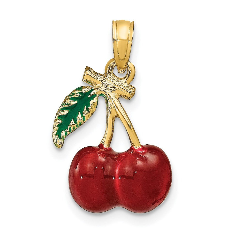 14k Yellow Gold 3-D Enamel Cherries Leaf Charm Pendant