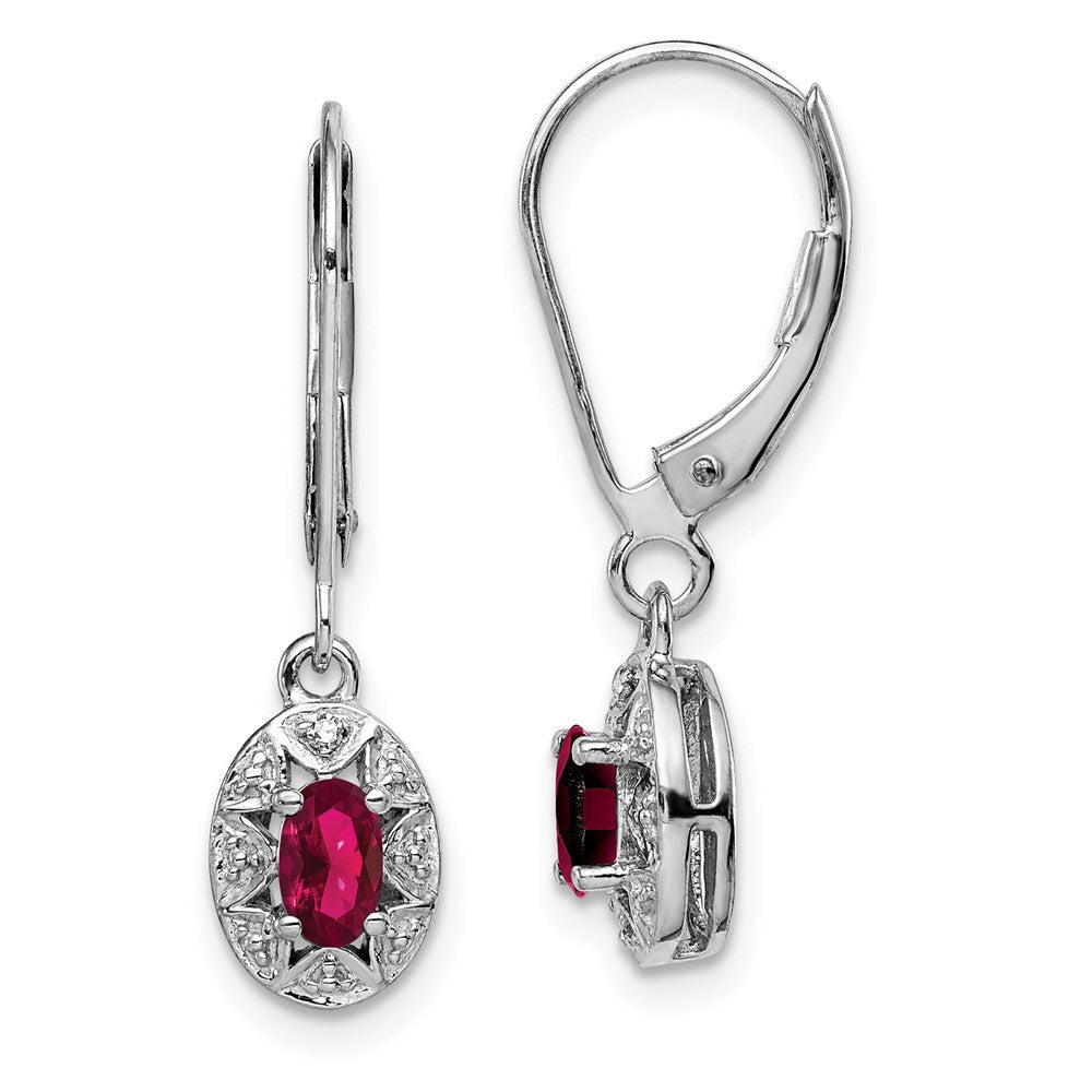 Sterling Silver Rhodium Plated Diamond & Lab Created Ruby Dangle Earrings