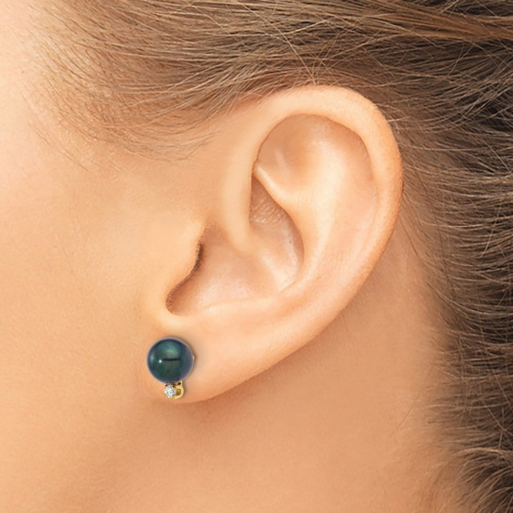 14k Yellow Gold 8mm Black Akoya Saltwater Cultured Pearl & Diamond Stud Earrings