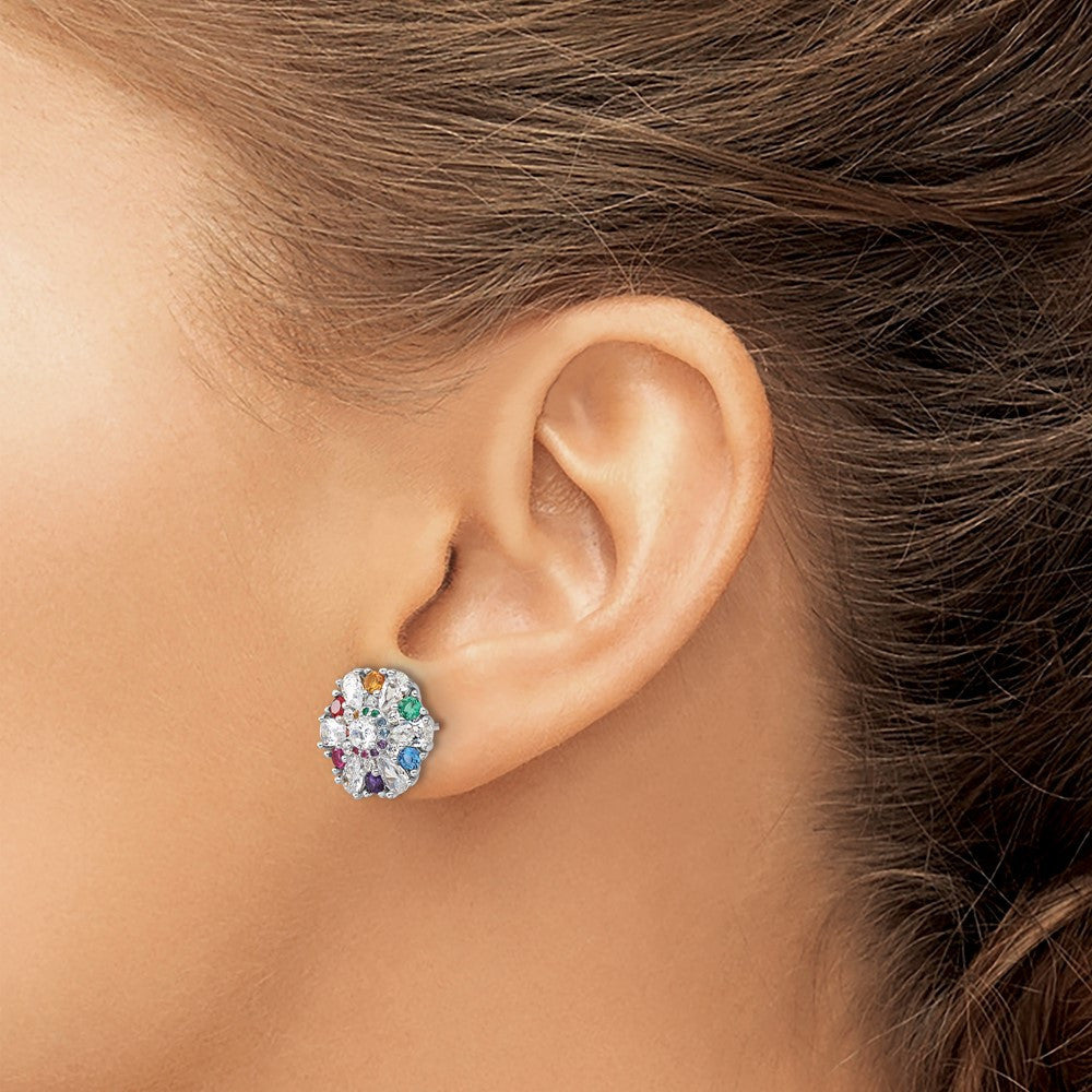 Sterling Silver Rh-pltd Rainbow Nano Crystal and Clear CZ Button Stud Earrings
