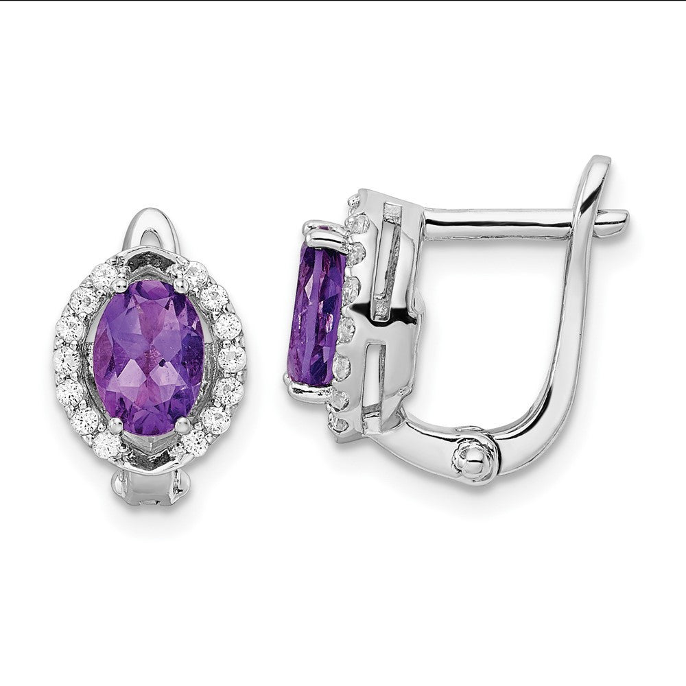 SS Rhod-plated 2.02Amethyst/WhiteTopaz Oval Hinged Dangle Earrings