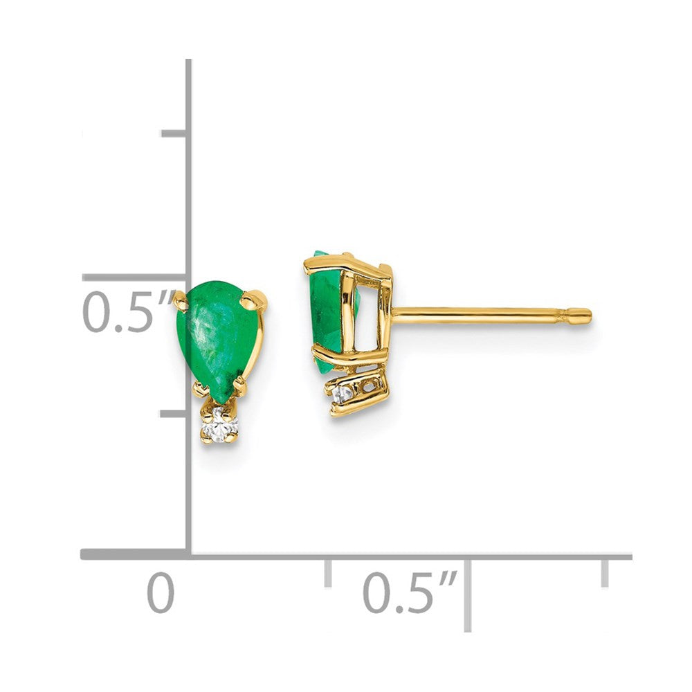 14k Yellow Gold 6x4 Pear Emerald and Diamond Button Stud Earrings