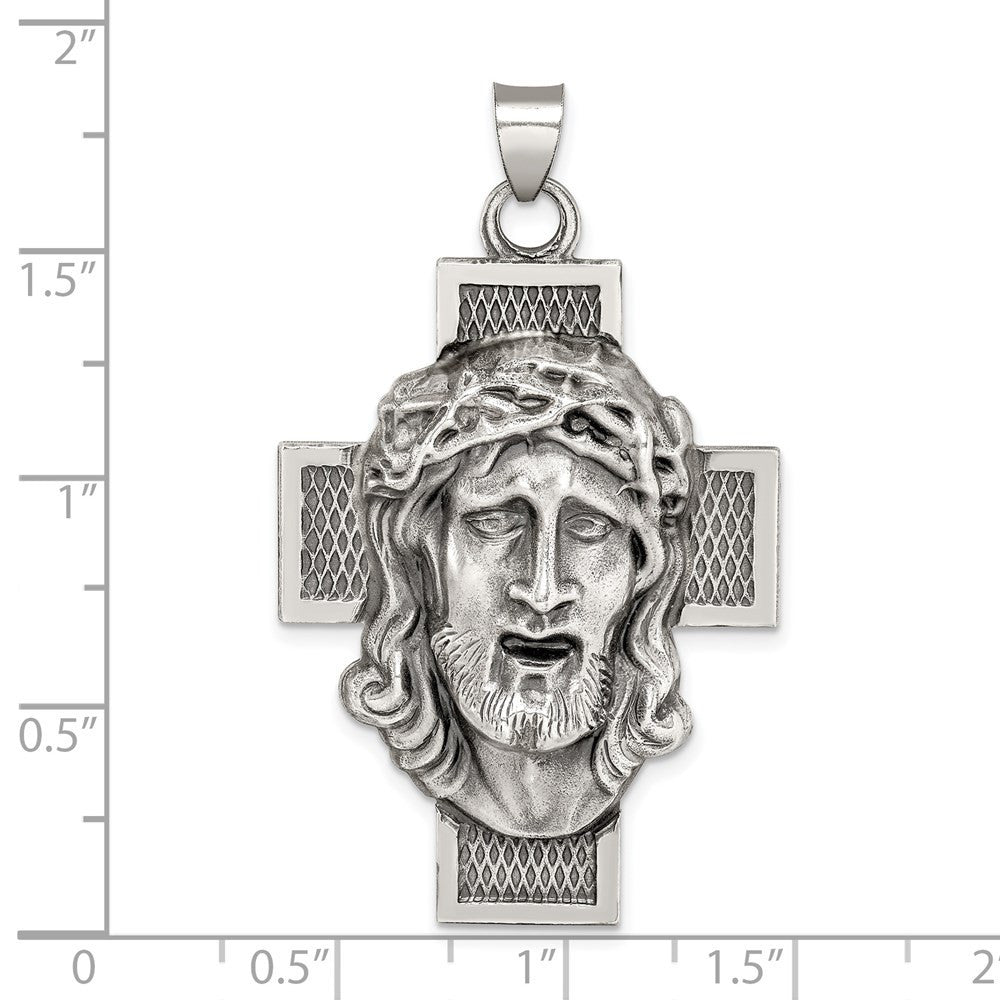 Sterling Silver Hollow Satin Antiqued Jesus Cross Medal Pendant