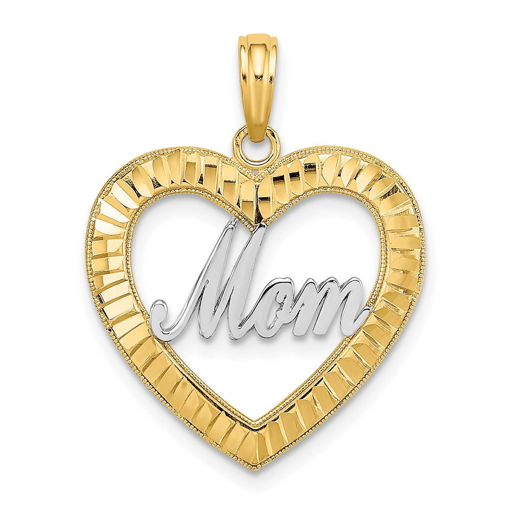 14k Yellow Gold Rhodium Diamond-cut Heart MOM Charm Pendant