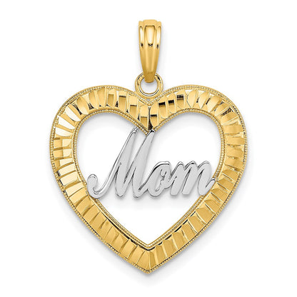 14k Yellow Gold Rhodium Diamond-cut Heart MOM Charm Pendant