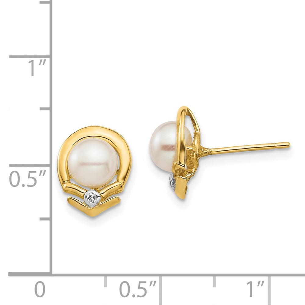 14k Yellow Gold 5-6mm Button Freshwater Cultured Pearl & Diamond Stud Earrings