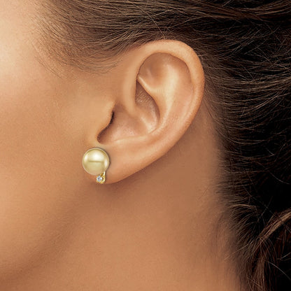 14k Gold Golden South Sea Saltwater Cultured Pearl & Diamond Stud Earrings