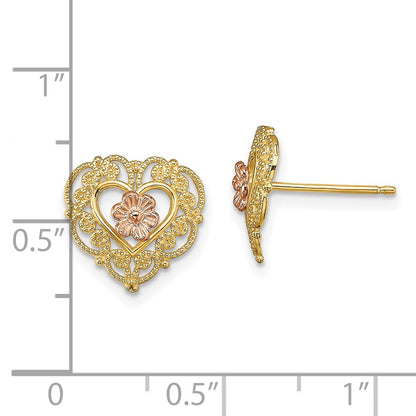 14k Two-tone Gold w/ Lace Trim and Flower Heart Stud Earrings